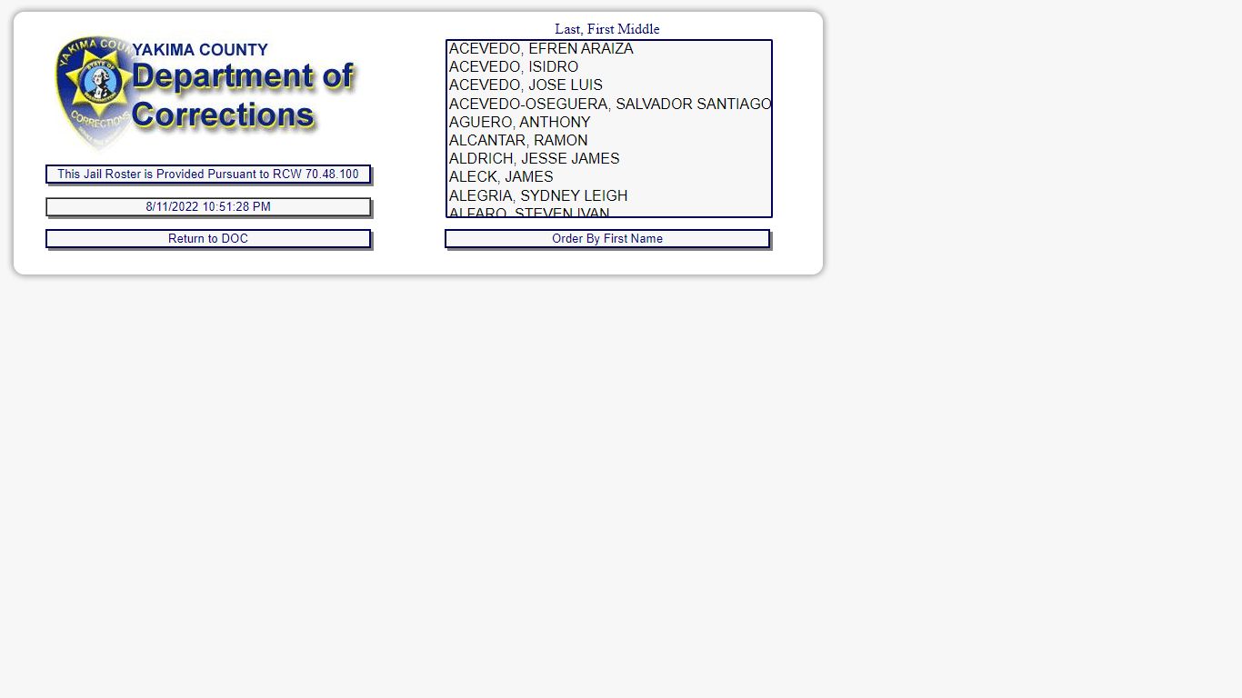 Yakima County DOC Inmate Incarceration Selection Screen